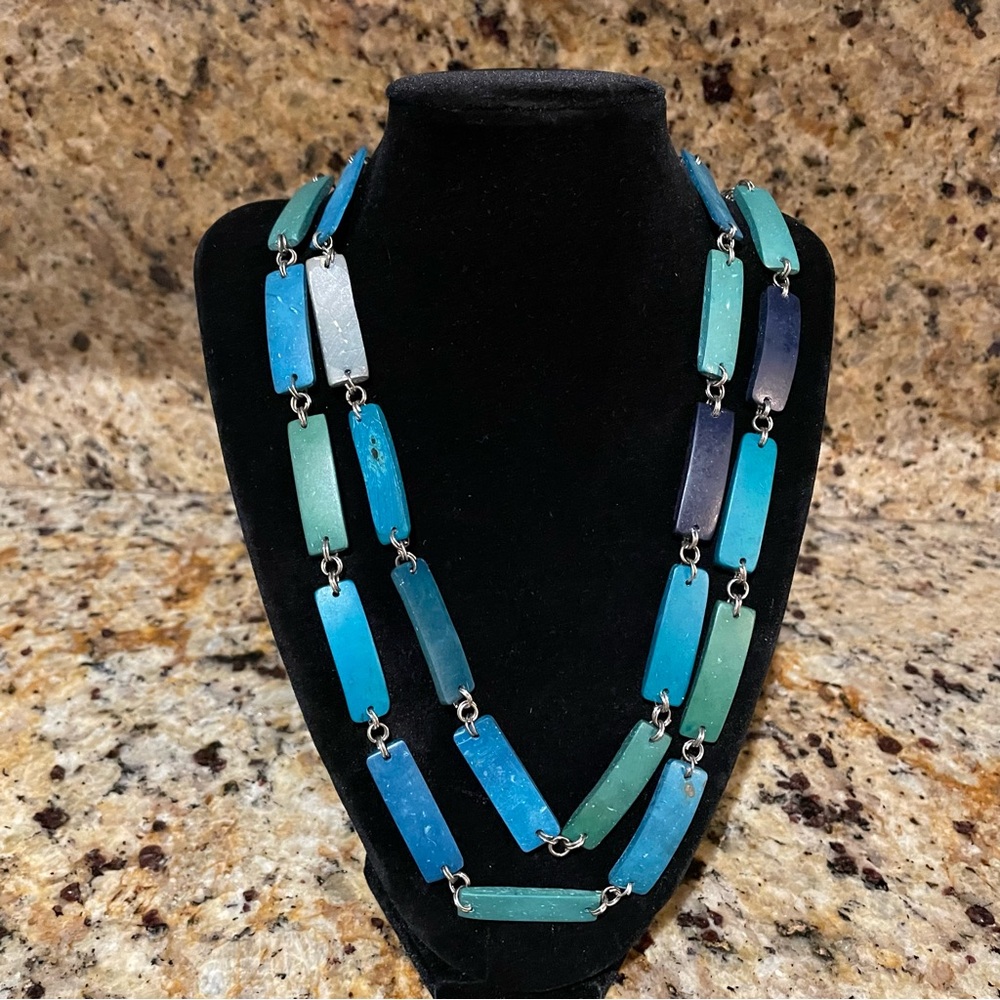 Multi Tones Rectangular Flat Wood Beaded Necklace - image 1